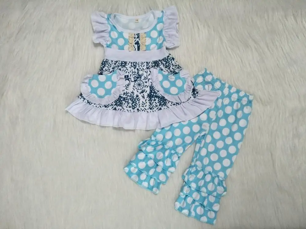 

Fashion baby blue polka dots girls boutique outfits 2pcs clothing no moq ready to ship items