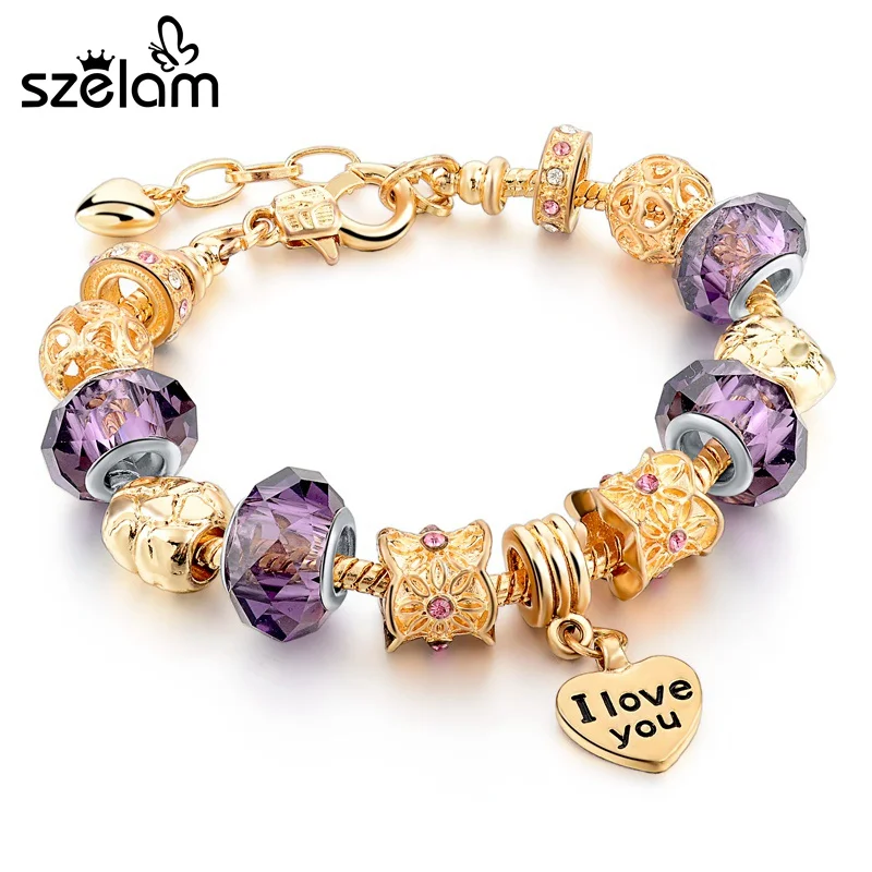 

Szelam Love Heart Charms Bracelet For Women Gold Color Crystal Bracelets Bangles Imitation DIY Jewelry SBR160068