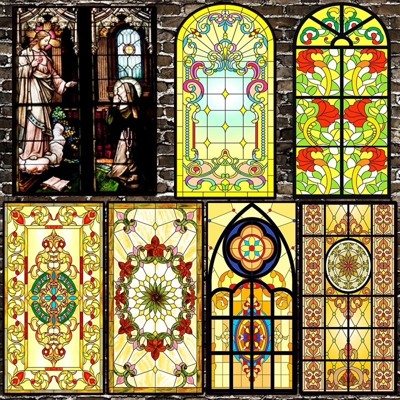 

1 Roll Church Stained Glass Adhesive Film Privacy Window Film Frosted Heat Transfer Vinyl for Church Decoration Privacy Glass