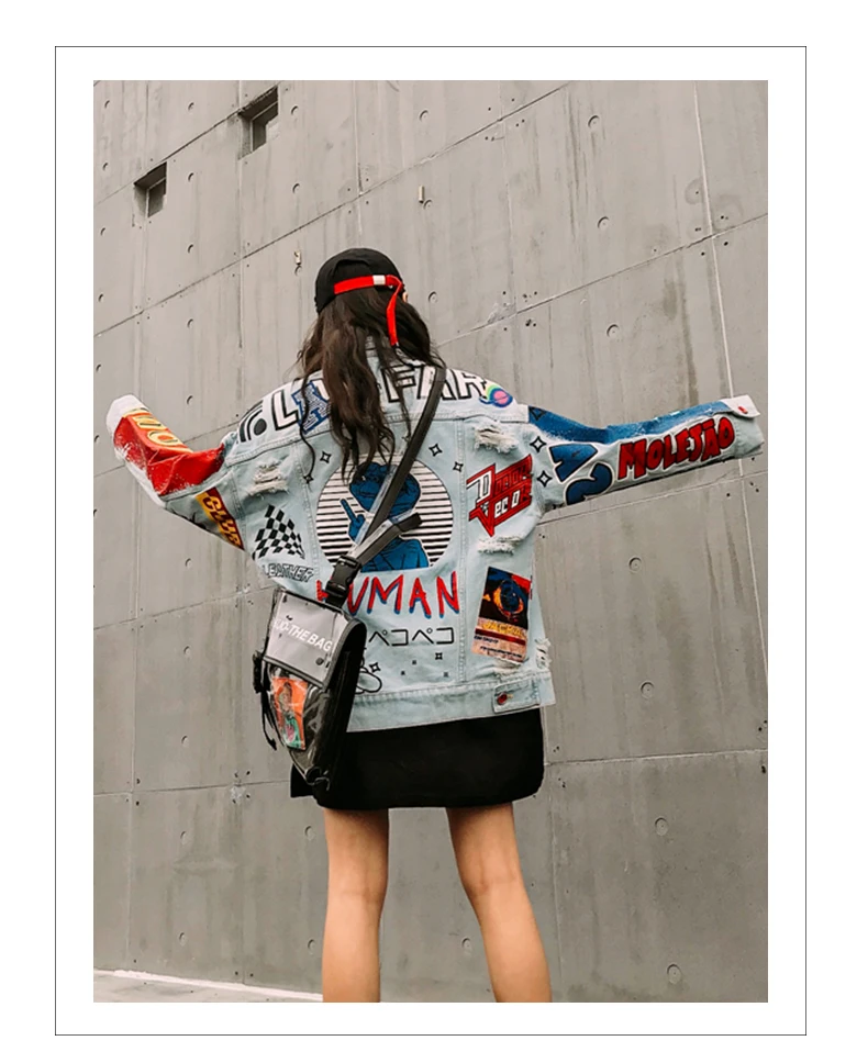 Пальто унисекс в стиле панк с длинными рукавами Harajuku джинсовый кардиган рисунком