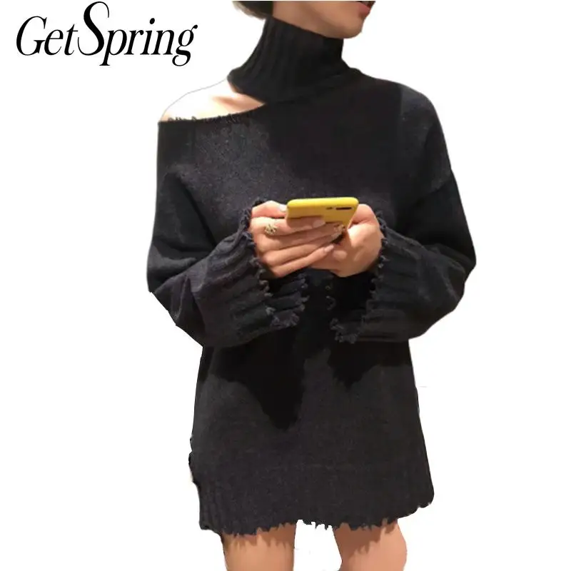 GETSPRING женский свитер с высоким воротником, с вырезами на плечах свитера женские черные винтажные сексуальные пуловеры Длинные свитера женские новые осенние