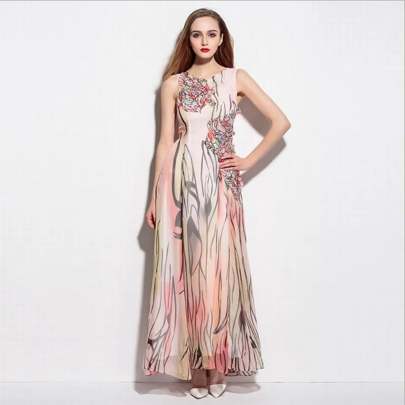 Europe 2016 Summer New Women's Dresses Printed Round Neck Sleeveless Beaded Long Section Dress ML16930 | Женская одежда