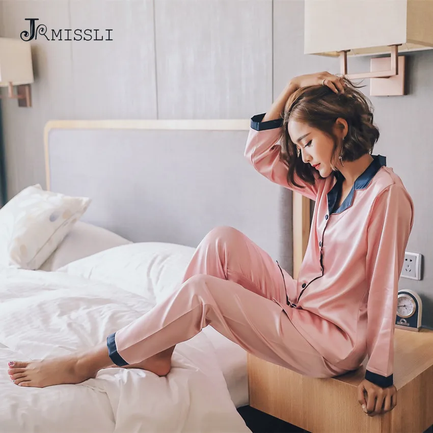 Jrmissli 2018 осень Для женщин женские пикантные шелковые пижамы Наборы для ухода за