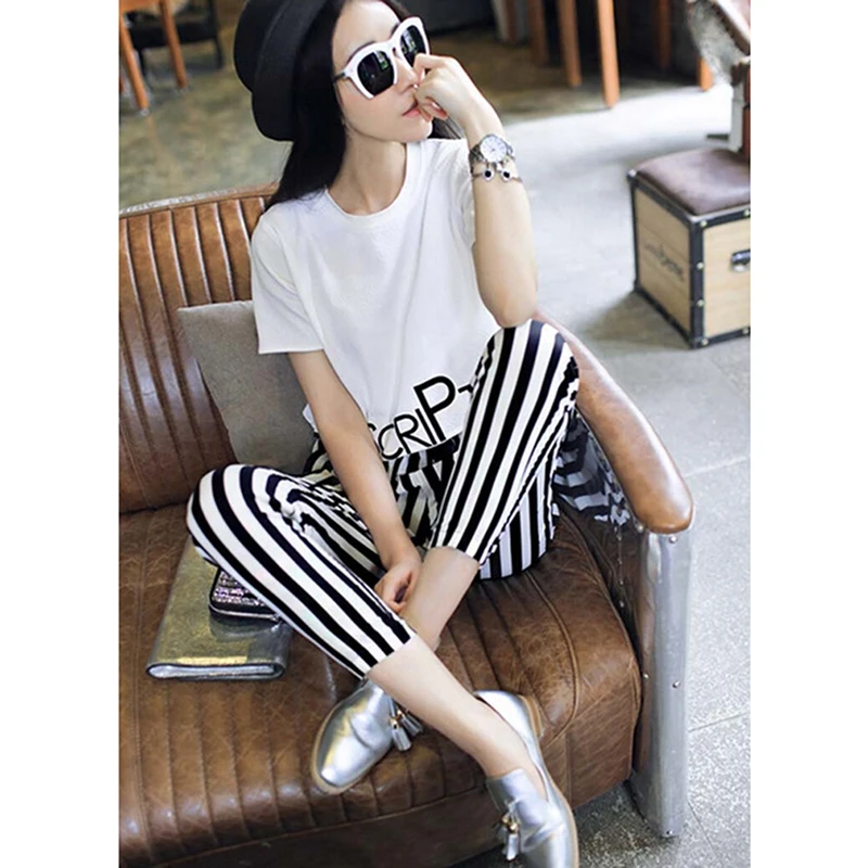 Womens Set Summer White Letter Printed T Shirt Sexy Cropped Tops Drawstring Pants Calf Length Casual Tracksuit Women Clothing