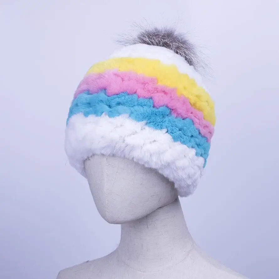 RAINBOW YCFUR женские шапки зимние теплые шапки Мягкие вязаные меховые шляпки кролика рекс с меховым помпоном из лисьего меха шапка женская - Цвет: RAINBOW