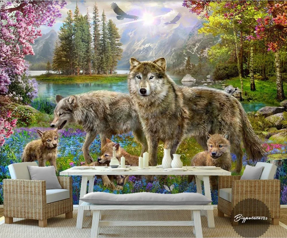 Пользовательские 3d Обои Серый wolf dogs современные красивые обои персикового цвета