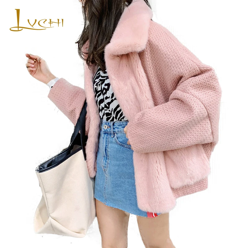 

LVCHI 2019 Winter Crown Velvet Mink Fur Coat Women Packet Angola knitting Turn-Down Collar Real Fur Coat Short Mink Fur Coats