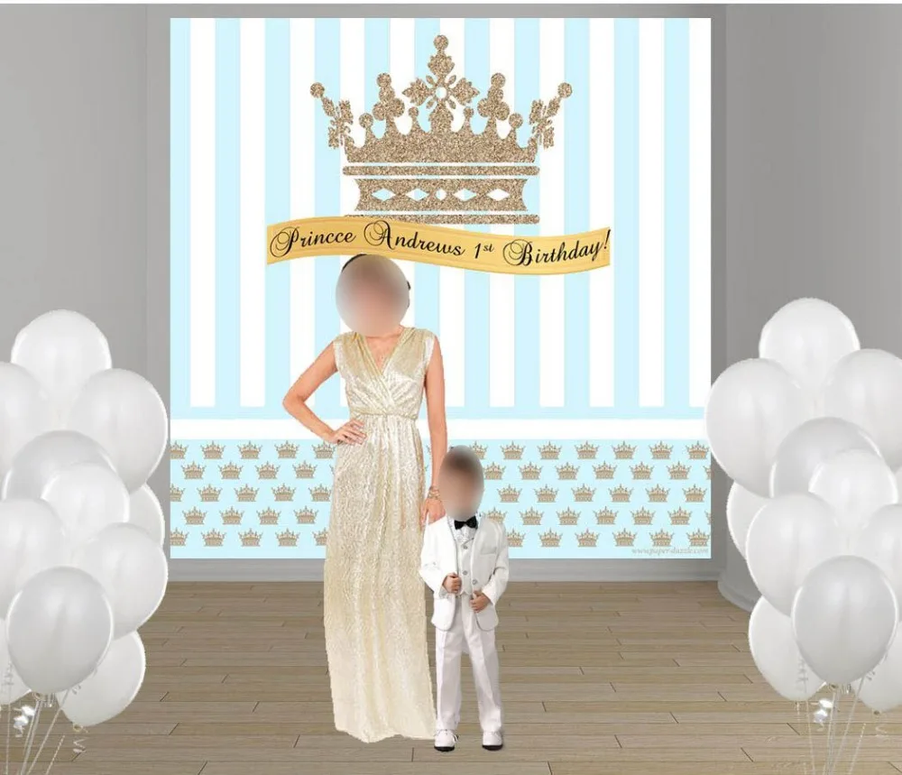 

custom Gold Little Prince Crown Blue And White Striped photography backgrounds Computer print party photo backdrop