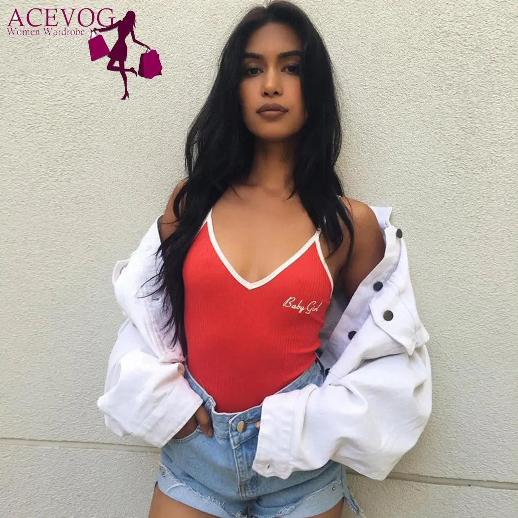 Letter Casual Sexy V-Neck Spaghetti Strap Women Print Embroidery Slim Bodysuits | Женская одежда