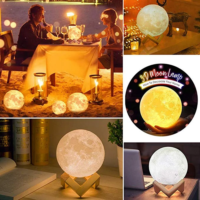Перезаряжаемый 3D принт Led Moon лампа Теплый + холодный белый портативный ночник
