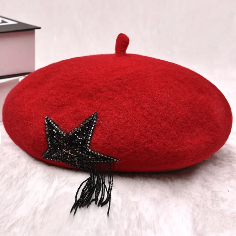 red VISROVER, зимний шерстяной берет, звезда, нашивка, шарик, кисточка, Женская шерстяная шапка, зима, осень, весна, шапка, одноцветная, высокое качество, для женщин, Boina - Цвет: red