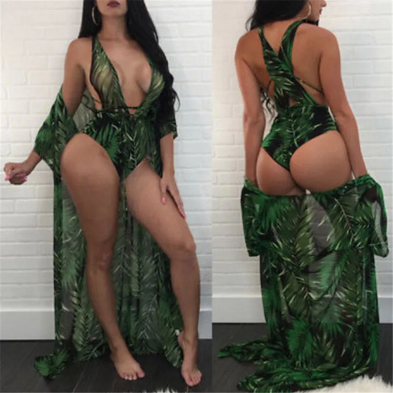 Купальники+ прикрыть Для женщин Robe De Plage пляжный кардиган крышку ИБП зеленый лист боди вырезать ванный комплект Монокини Пляжная одежда