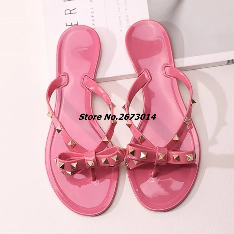 Женские шлепанцы летние прозрачные сандалии на плоской подошве с заклепками