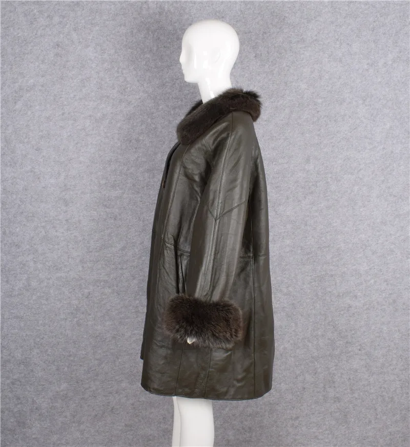 Women's mum big large size clothing genuine sheepskin leather natural woolen cashmere liner jacket fox fur collar green xxxxxxl