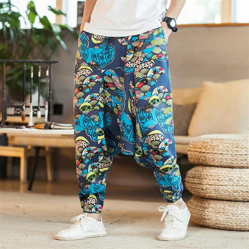 

New Men Ethnic Style Print Cross-Pants Autumn High Waist Loose Floral Long Pants Male Streetwear Vintage Harem Joggers Trousers