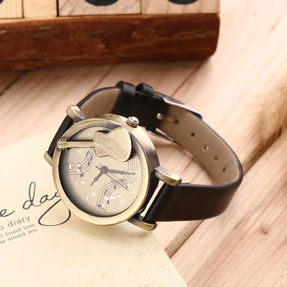 Vintage Unique Design Guitar Pattern Stave Dial Music Notation Analog Quartz Wrist Watch PU Leather Watchs Retro Gift | Наручные часы