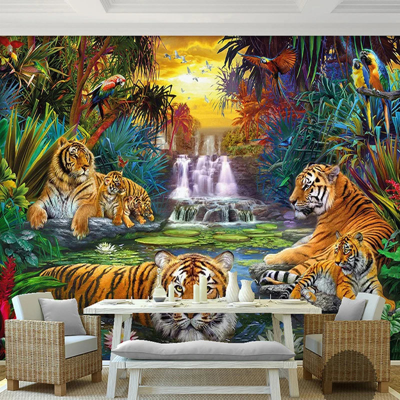 Papel tapiz De pared para sala De estar, Gran Mural 3D De animales, cascada De bosque, Original
