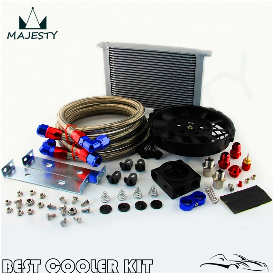 Universal AN10 25 Row Oil Cooler Thermostat Sandwich +7&quot Electric Fan kit |