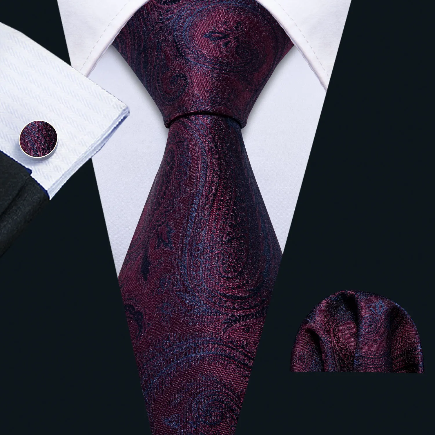 

2019 Barry.Wang Men Tie Deep Red Necktie Silk Woven Paisley Neck Tie Navy Pattern Designer for Party Wedding FA-5160