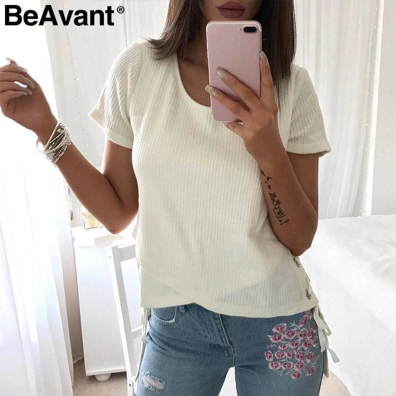 Женская Асимметричная трикотажная блузка BeAvant на шнуровке Весенняя Сексуальная