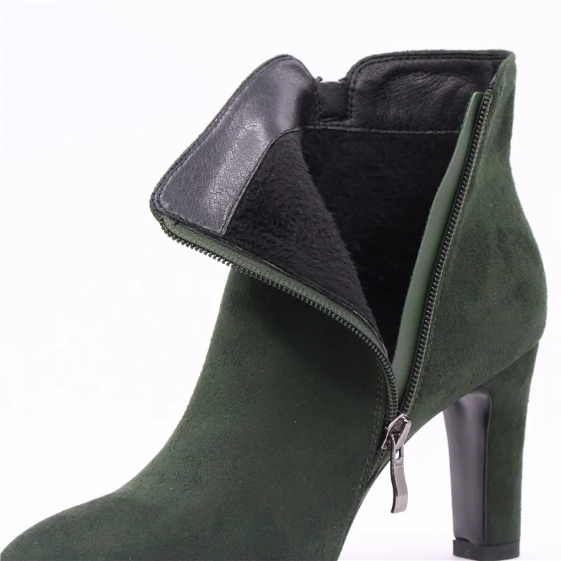 

FUN VILLE 2018 Autumn winter Women Ankle Boots Hignt quality Flock Green Pointed Toe Zipper Size 35-42