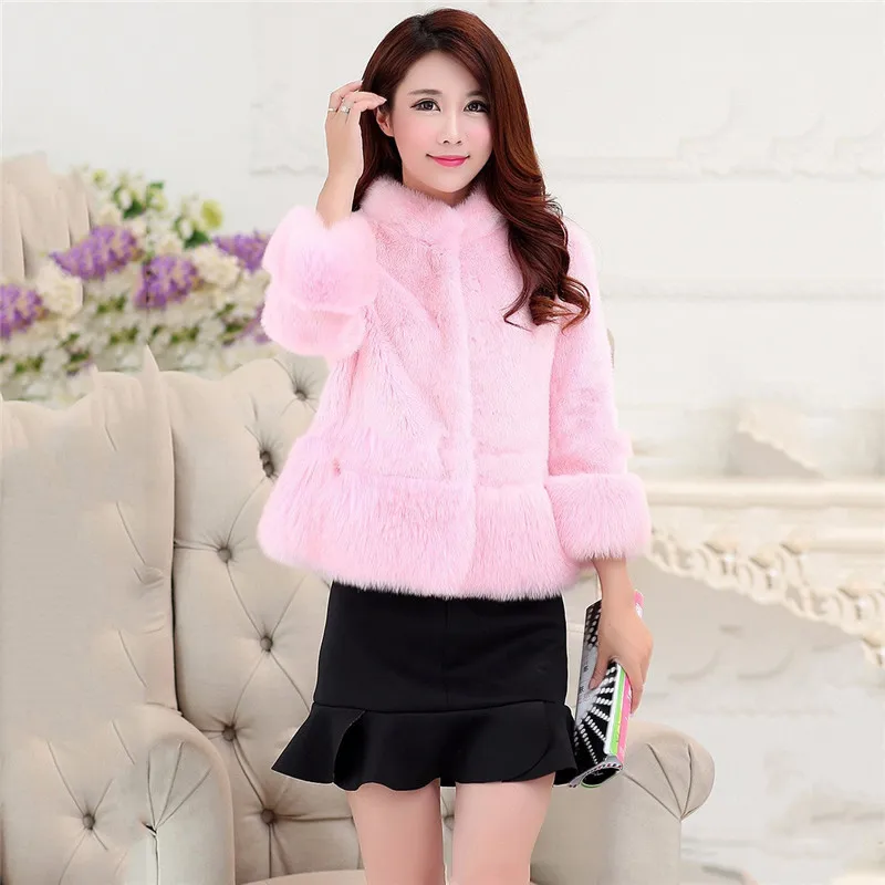 Pink Женское пальто из искусственного меха, черный, розовый, серый, красный, XS-3XL, большие размеры, короткая, тонкая, Осень-зима, корейская мода, плотная термокуртка LD1086 - Цвет: Pink
