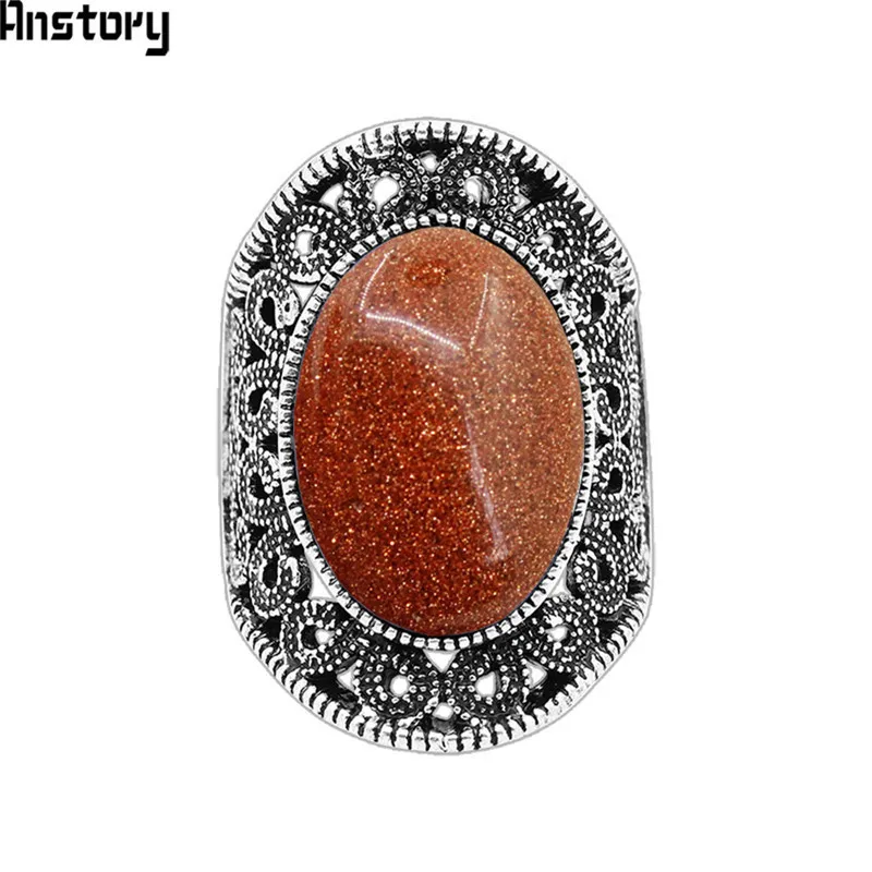 Oval Golden Sandy Stone Rings For Women Vintage Flower Design Antique Silver Plated Fashion Jewelry TR645 | Украшения и