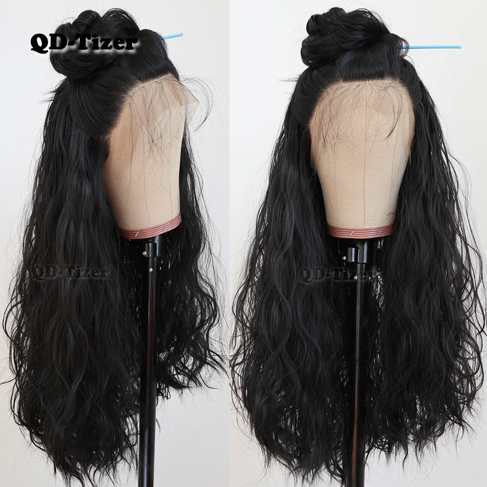 QD-Tizer Natural Wavy Hair Black Color Long Lace Wigs Glueless Heat Resistant Synthetic Lace Front Wigs for Black Women