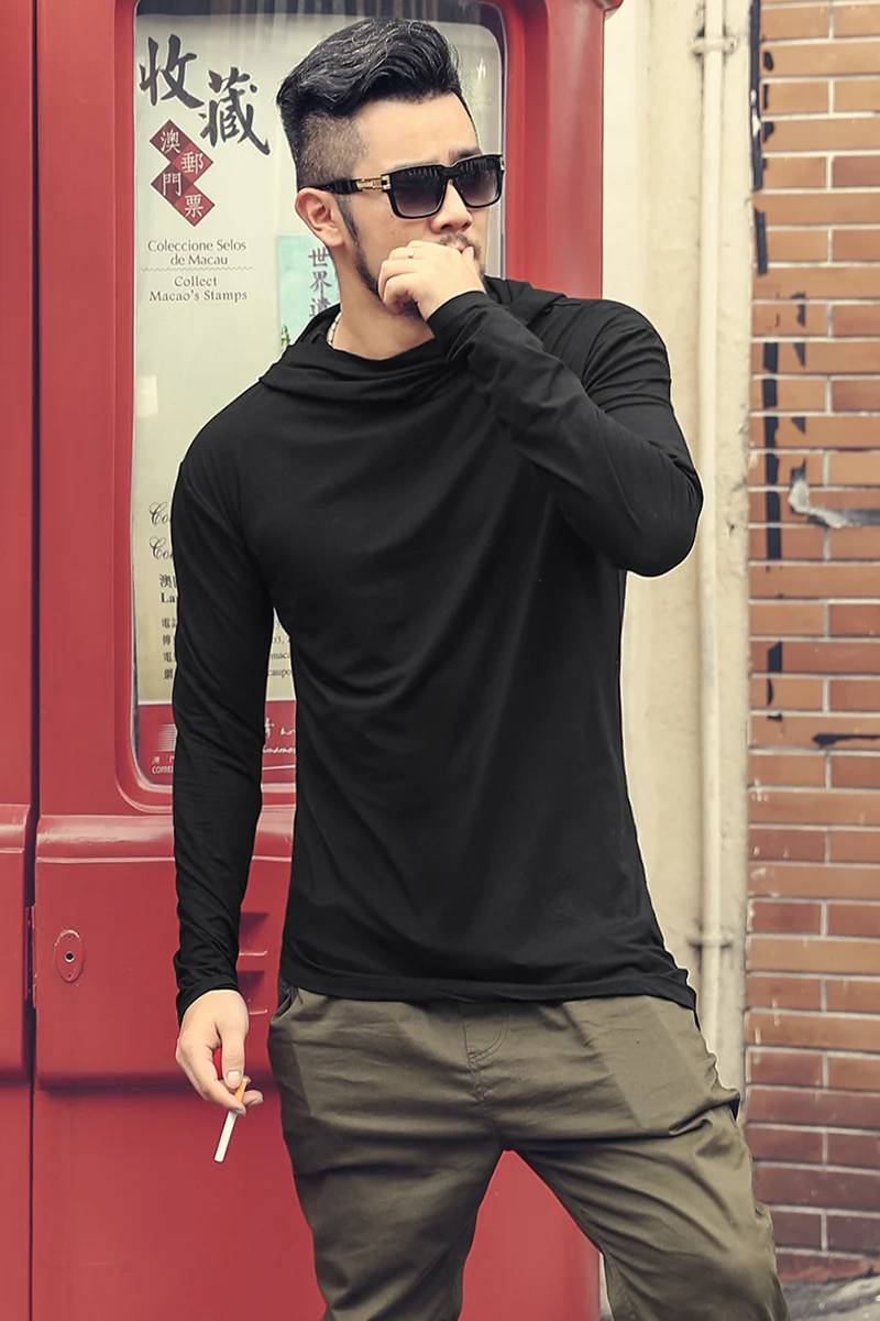 

Men Spring New High Collar Long Sleeve Cotton Irregular T-shirt with Cap Men European Style Slim Casual Hooded T-shirt T908