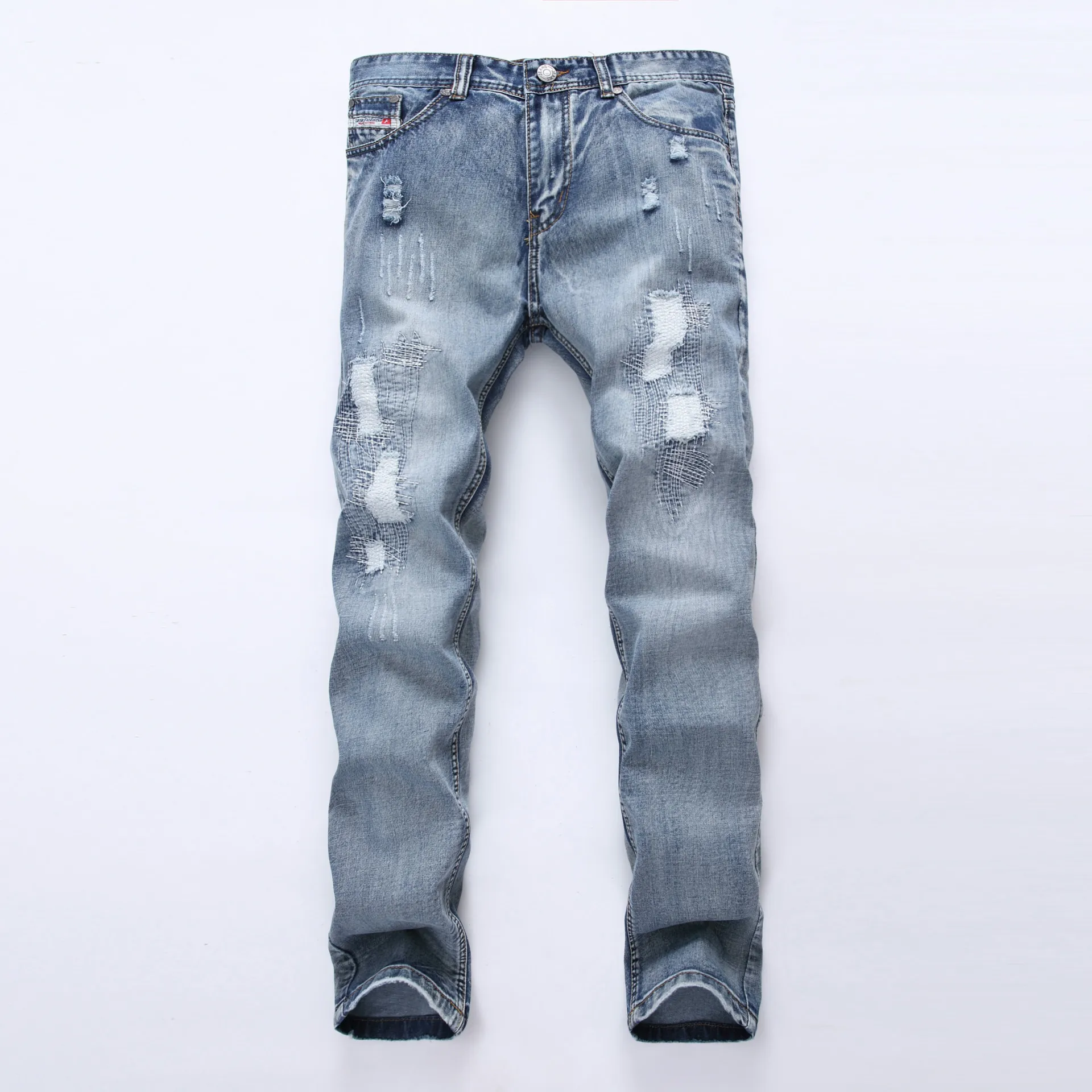 

Europe United States trade mens jeans light blue hole grinding straight Ripped jeans popular Brand cowboy Trousers male