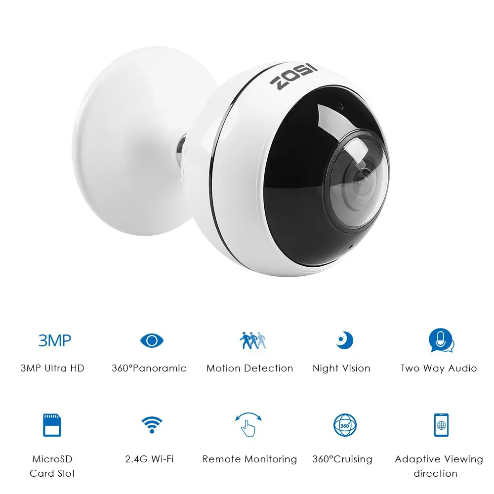 ZOSI 3MP Крытая Беспроводная панорамная ip-камера 360 градусов WiFi камера, сигнализация движения, двухстороннее аудио, ИК ночное видение, TF слот
