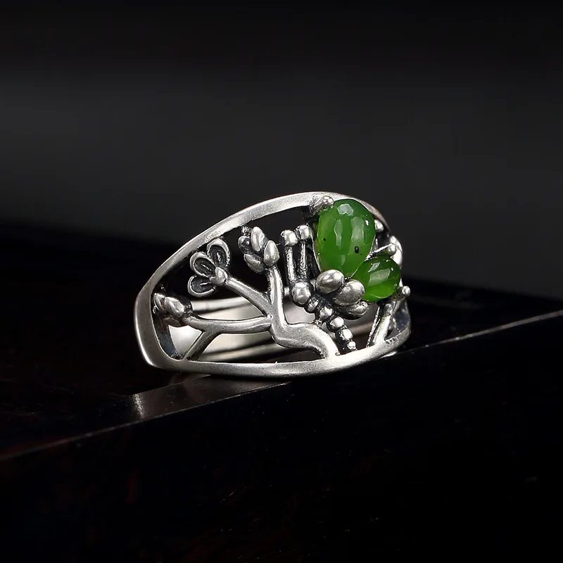 

2018 Fashion Silver S925 Pure Silver Antique Inlaid Natural Hetian Jade Jade Lotus Butterfly Lady Open Ring Finger Ring