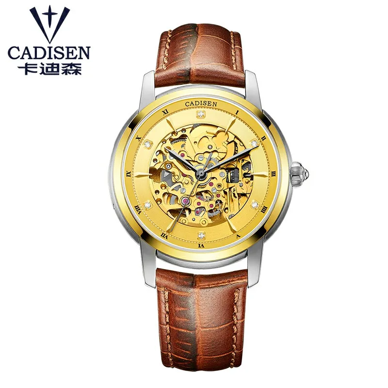Brown Strap Cadisen, мужские часы, скелет, автоматические, механические, кожа, наручные часы, мужские, модные, бизнес часы, masculino, топ, люксовый бренд, 50 м - Цвет: Brown Strap