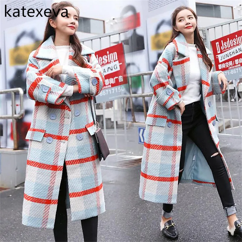 Katexeva ретро в Длинные шерстяное пальто с рисунком клетку женский 2018 осень и зима