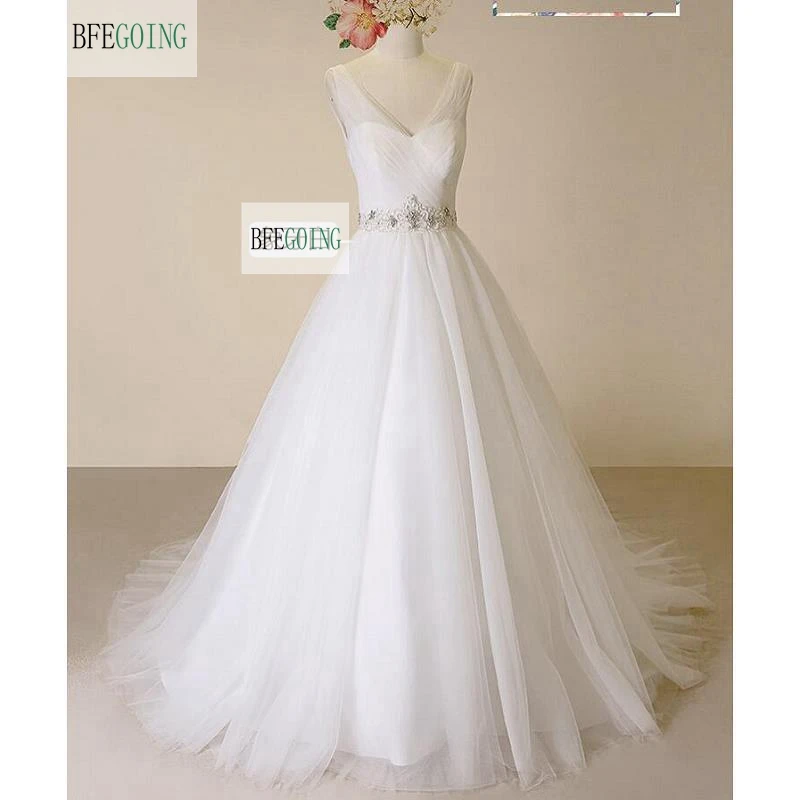 Белое Тюлевое ТРАПЕЦИЕВИДНОЕ свадебное платье до пола с V-образным вырезом