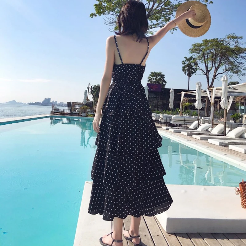 Женский черный Сарафан длинный в горошек тропический сексуальный леди Отдых