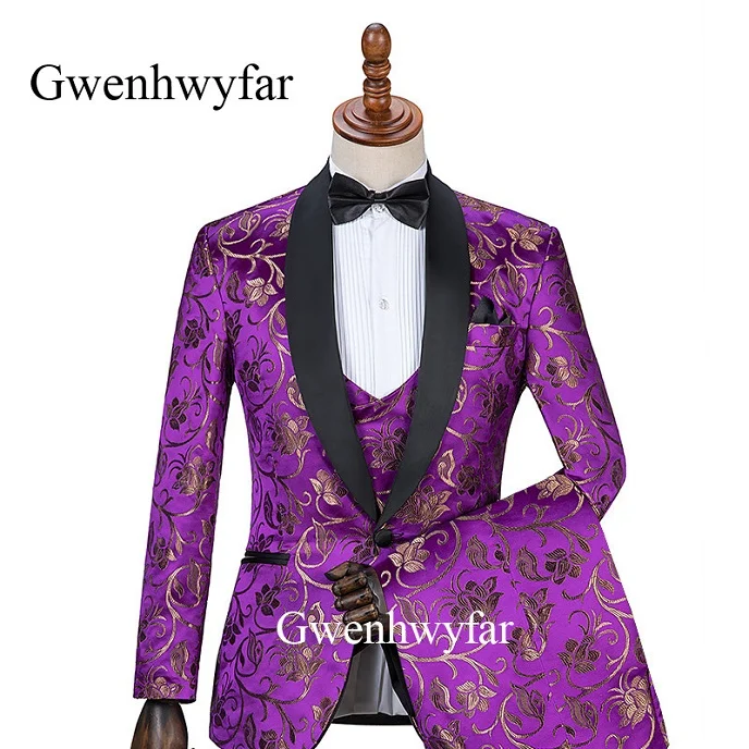 Gwenhwyfar 2019 шаль в продвинутом стиле Черные смокинги для жениха с отворотом золотые