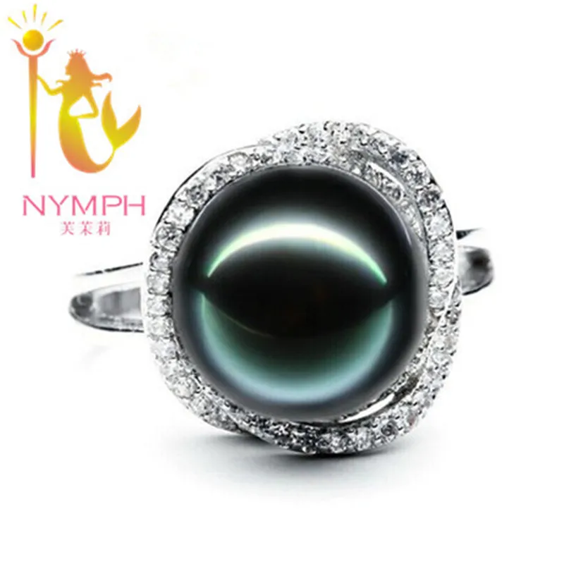 NYMPH JEWELRY 10-11 mm round Natural Black Tahitian Pearl rings with s 925 sterling silver fine jewelry Clover shape [ZZN] | Украшения и