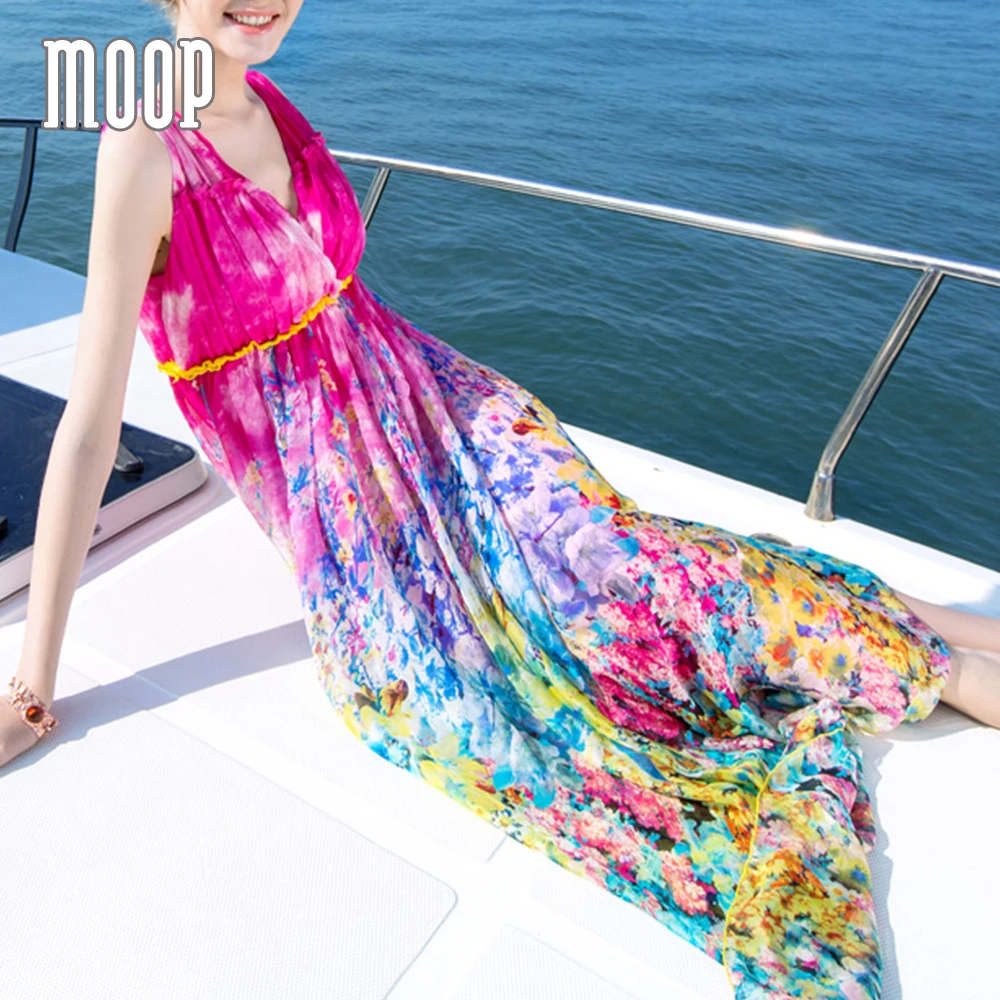 Лето Boho розовый желтый натуральный цветочный шелковое платье длинное пляжное