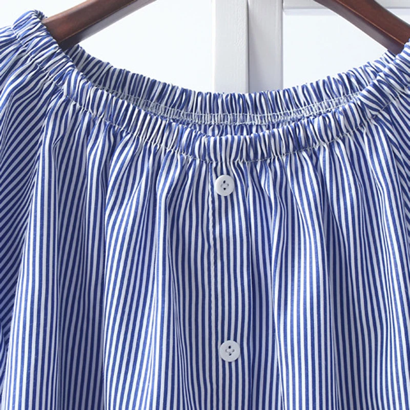 LERFEY Women Summer Blouse Shirt Off Shoulder Tops Female Striped Bow Tie Slash Neck Blouses Sexy Button Shirts Womens Clothing | Женская