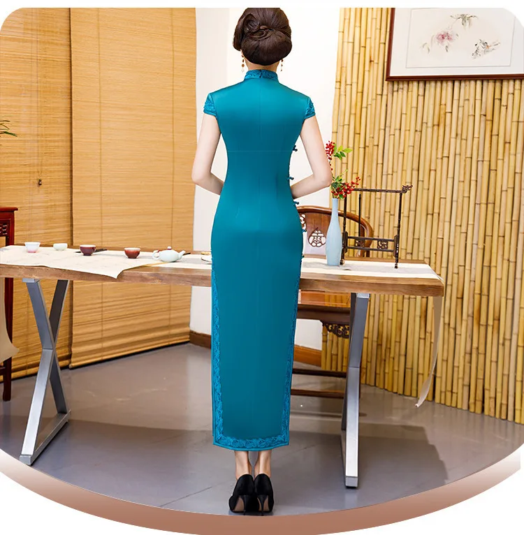 Sheng Coco размера плюс Королевский синий китайский шелк Qipao атлас Cheongsam платья Длинные Кружева Окаймленный воротник Qipao 4XL вышитые цветы