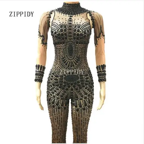 

Новое Дизайнерское черное боди со стразами, костюм с блестящими кристаллами, костюм для сцены, большой эластичный костюм