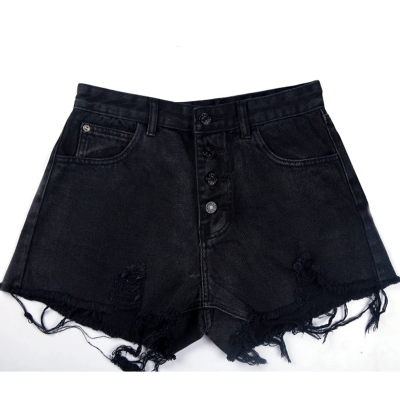 Black denim shorts for women baggy ultra-high waisted 2019 summer web celebrity wide-leg a-line fringe hot | Женская одежда