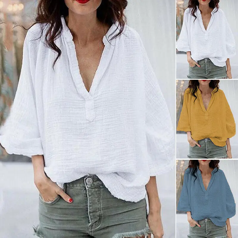 

Women 3/4 Sleeve Casual Plain Shirt Tops V Neck Oversize Blouse Plus Size