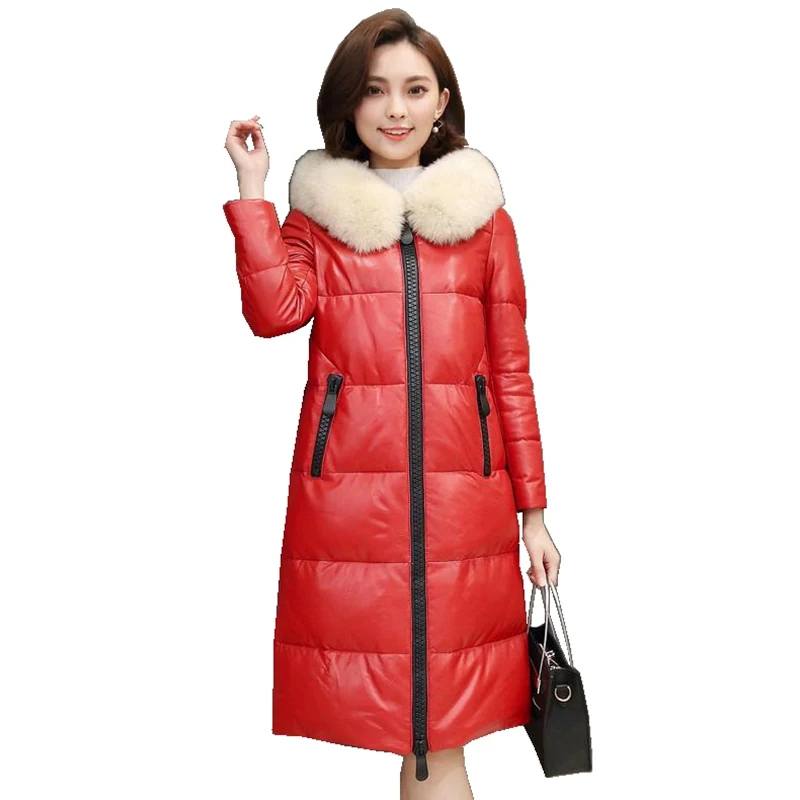 

Genuine Sheepskin Leather Suede Down Parkas Coat Jacket With Fox Fur Hoody Winter Women Outerwear 3XL 4XL LF9033