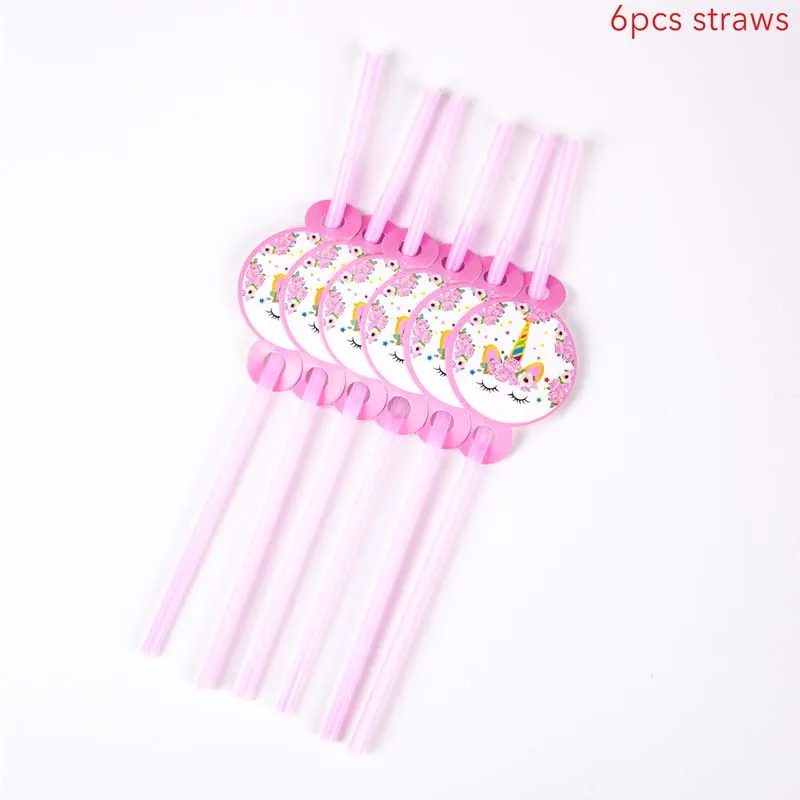 6pcs straws Одноразовая посуда с единорогом, бумажная тарелка, чашка с баннером, салфетки с единорогом, украшение на день рождения, Детские сувениры, принадлежности для детского душа - Цвет: 6pcs straws