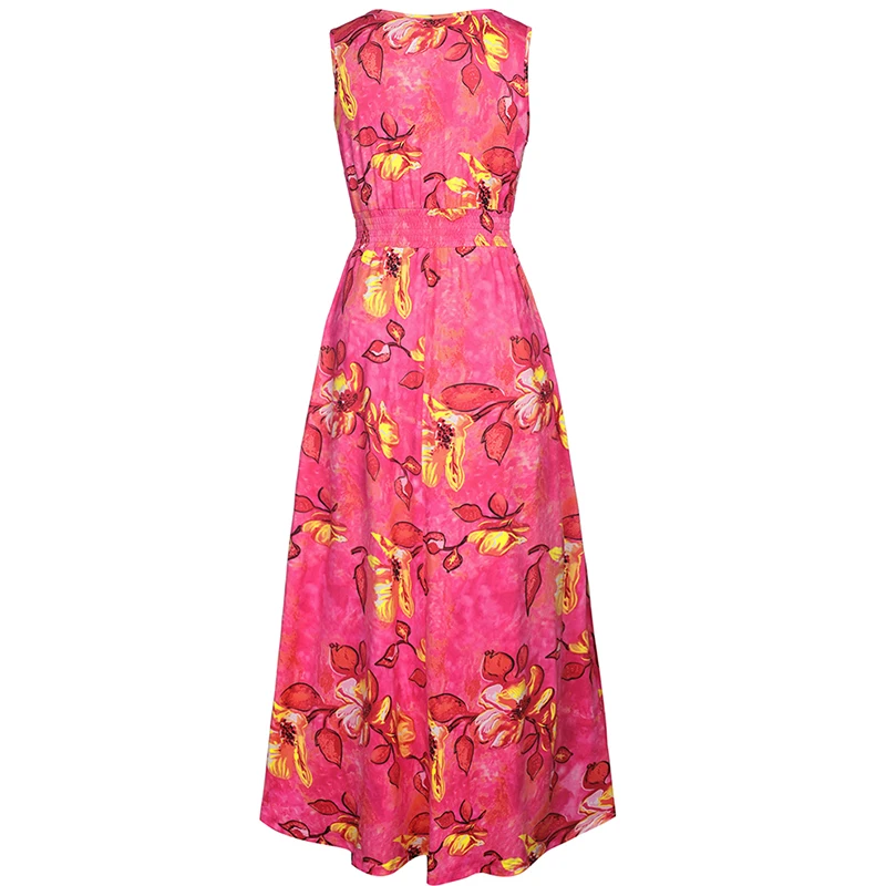 Новое платье 2017 года лето Печать безрукавное платье с глубоким V-образным вырезом на пляж, свободное до пола красное платье для женщин Fc073