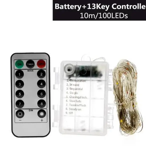 10m 100leds battery USB 10 м 8 режимов 100 светодиодный светильник, Рождественский водонепроницаемый медный провод, светодиодный Сказочный светильник с питанием от батареи, пульт дистанционного управления - Испускаемый цвет: 10m 100leds battery