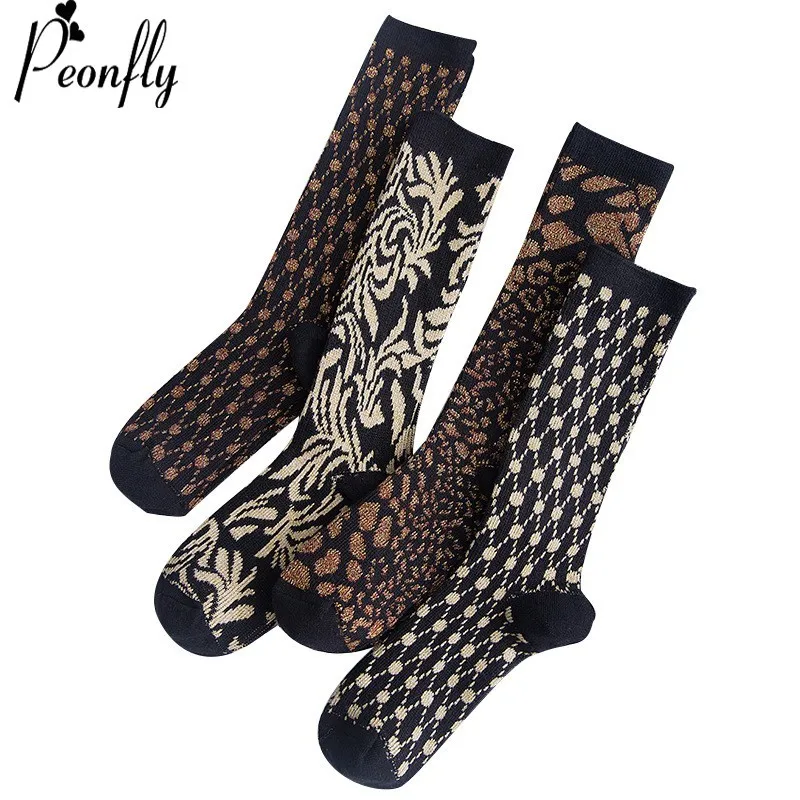 

PEONFLY Novelty Funny Shiny Gold Silver Silk Jacquard Pattern Woman Fashion Happy Socks Breathable Cotton Socks Autumn Winter