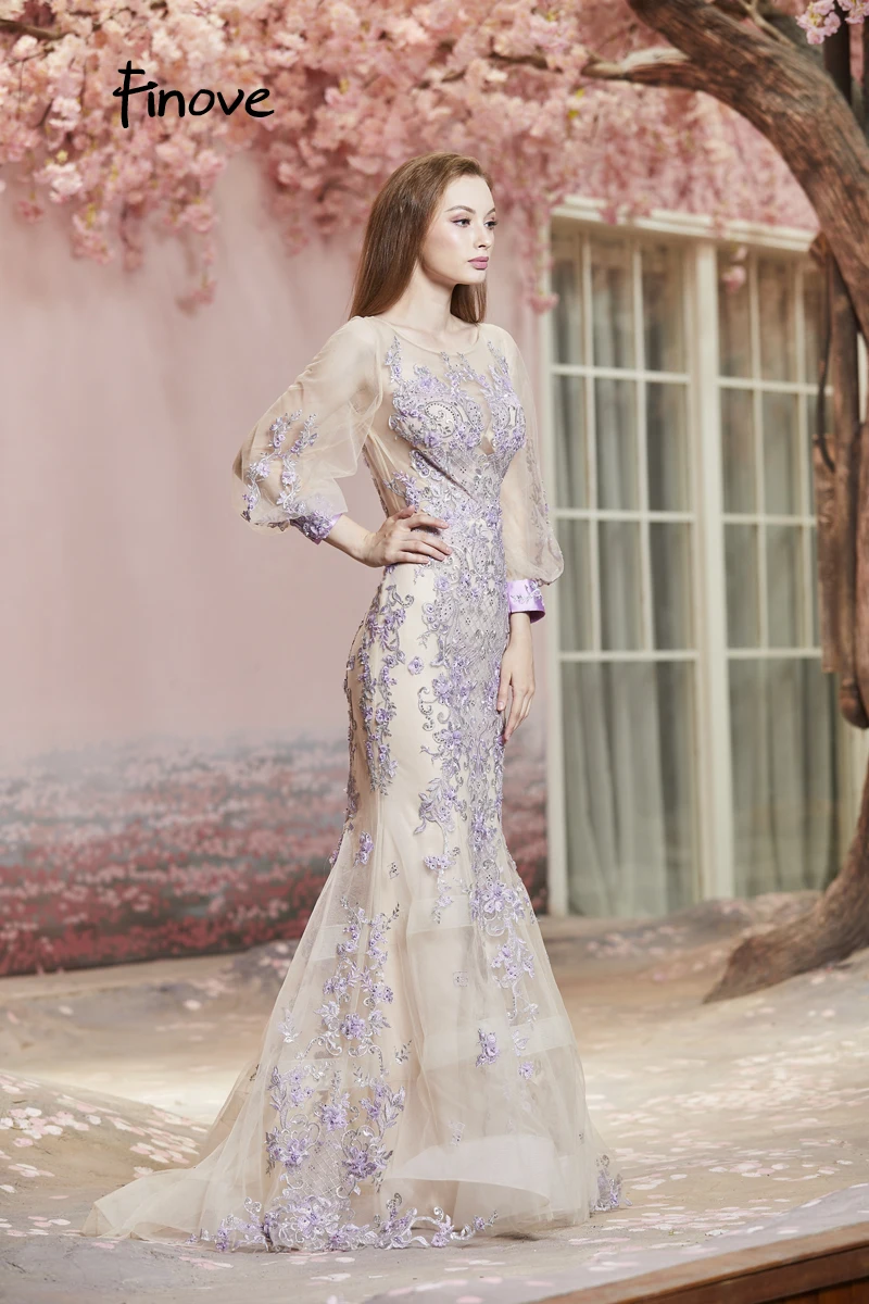Finove осень новое вечернее платье длинное Robe de soiree полный рукав Тюль Шикарные аппликации Кристаллы Женские вечерние платья размера плюс